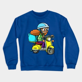 girl from a courier service on a motorcycle delivers a package Crewneck Sweatshirt